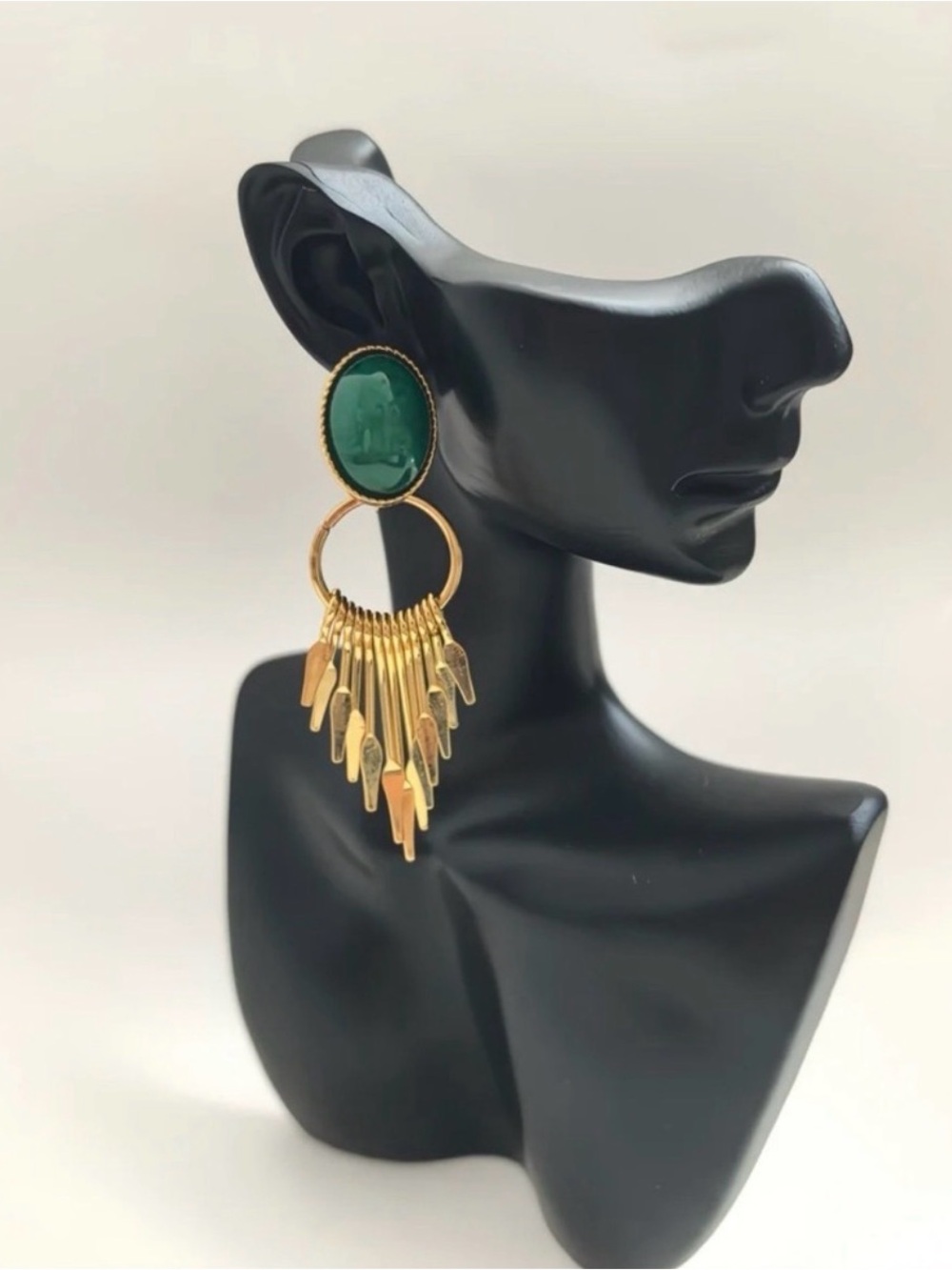 Boho Gold Chandelier Fringe Drop Earrings Green Stone Statement